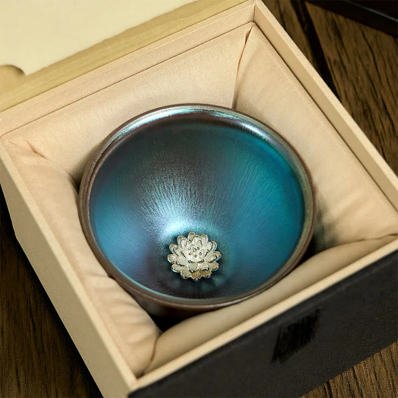 Buddha Stones Handmade Chinese Jianzhan Lotus Flower Blue Purple Ceramic Teacup Kung Fu Tea Cup 150ml