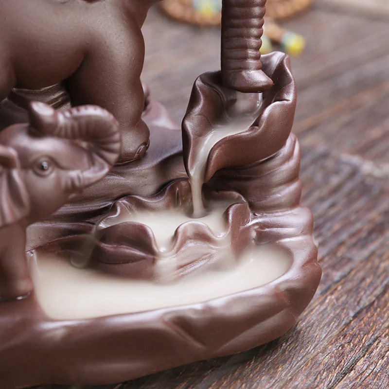 Buddha Stones Tibetan Elephant Purple Clay Backflow Smoke Fountain Protection Incense Burner Decoration