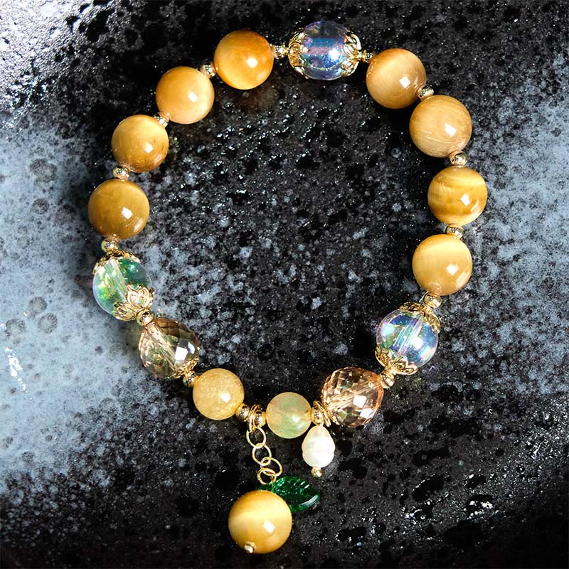 Buddha Stones Natural Tiger Eye Beads Green Leaf Courage Bracelet
