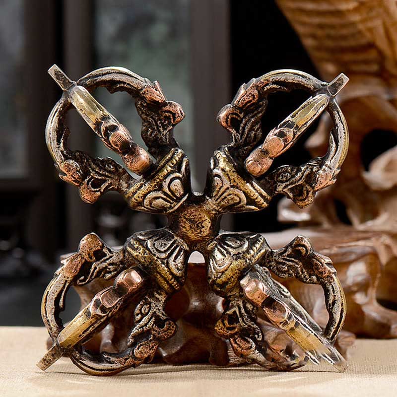 Buddha Stones Tibetan Handmade 5 Prong Double Dorje Copper Iron Thunderbolt Strength Vajra