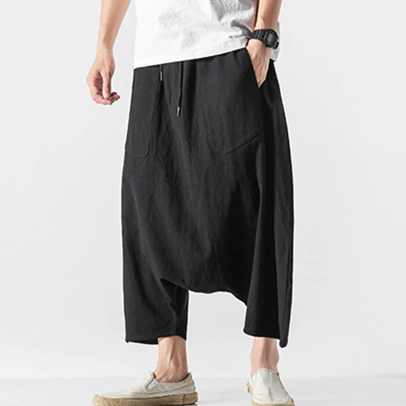 Buddha Stones Casual Low Crotch Design Drawstring Men's 7-8 Length Cotton Linen Wide Leg Pants With Pockets