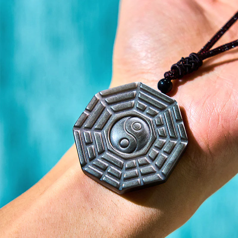 Buddha Stones Silver Sheen Obsidian Bagua Yin Yang Symbol Protection Necklace Pendant