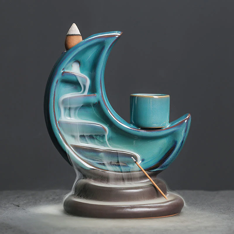 Buddha Stones Blue Crescent Moon Ceramic Backflow Smoke Fountain Meditation Candlestick Incense Burner Decoration