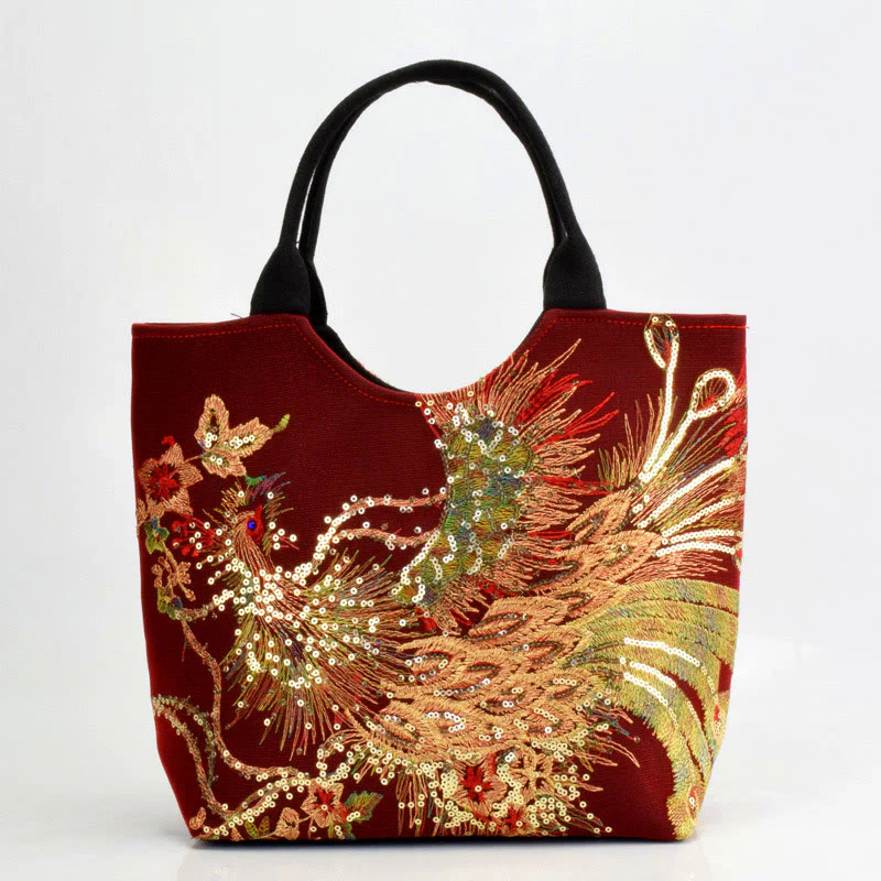Buddha Stones Peacock Double-sided Embroidery Tote Bag Shoulder Bag Crossbody Bag