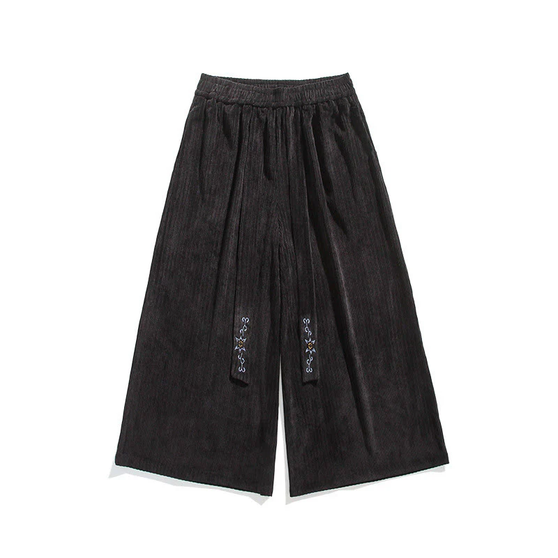 Buddha Stones Casual Embroidery Drawstring Design Men's Corduroy Wide Leg Pants With Pockets