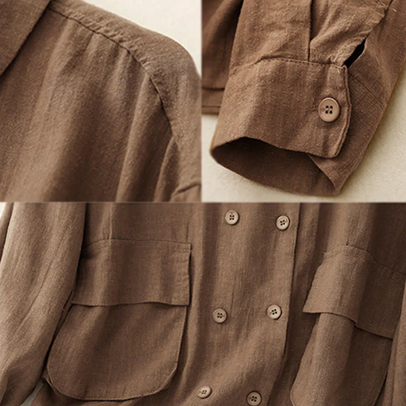 Buddha Stones Double‑Breasted Design Long Sleeve Women's Cotton Linen Jacket With Pockets