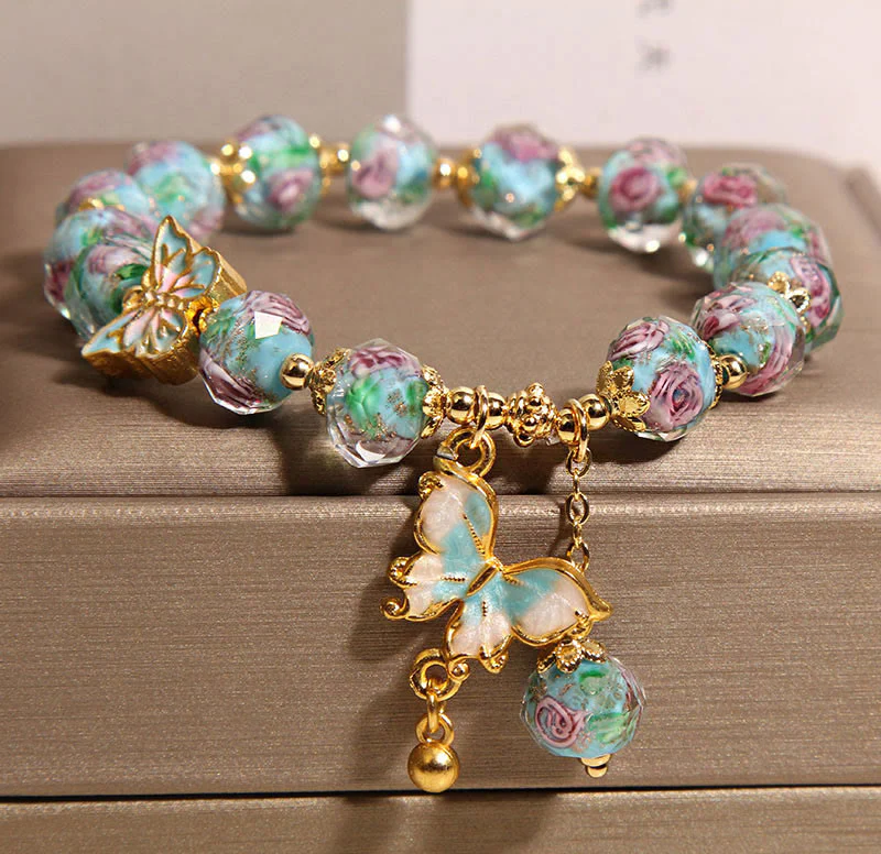Buddha Stones Butterfly Charm Rose Flower Liuli Bracelet