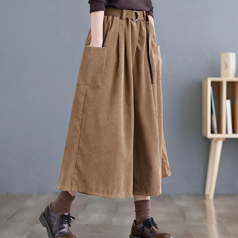Buddha Stones Retro Women's Wide Leg 7-8 Length Corduroy Cotton Pants With Pockets Belt