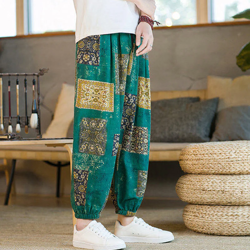 Buddha Stones Summer Square Patchwork Cotton Linen Men's Ankle-Length Harem Pants With Pockets