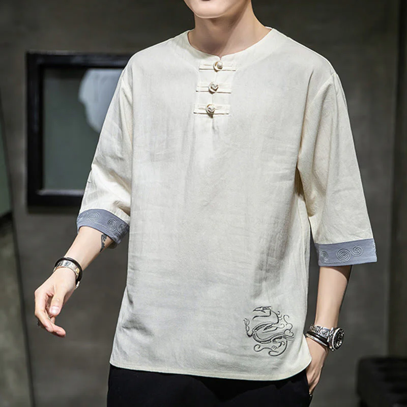 Buddha Stones Summer Embroidery Plain Frog-Button Men's Crew Neck Half Sleeve Cotton Linen Shirt Clothing