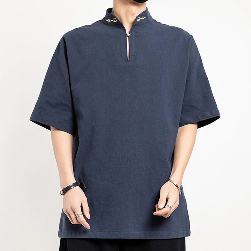 Buddha Stones Chinese Tang Suit Embroidery Half Sleeve Shirt Linen Men Clothing