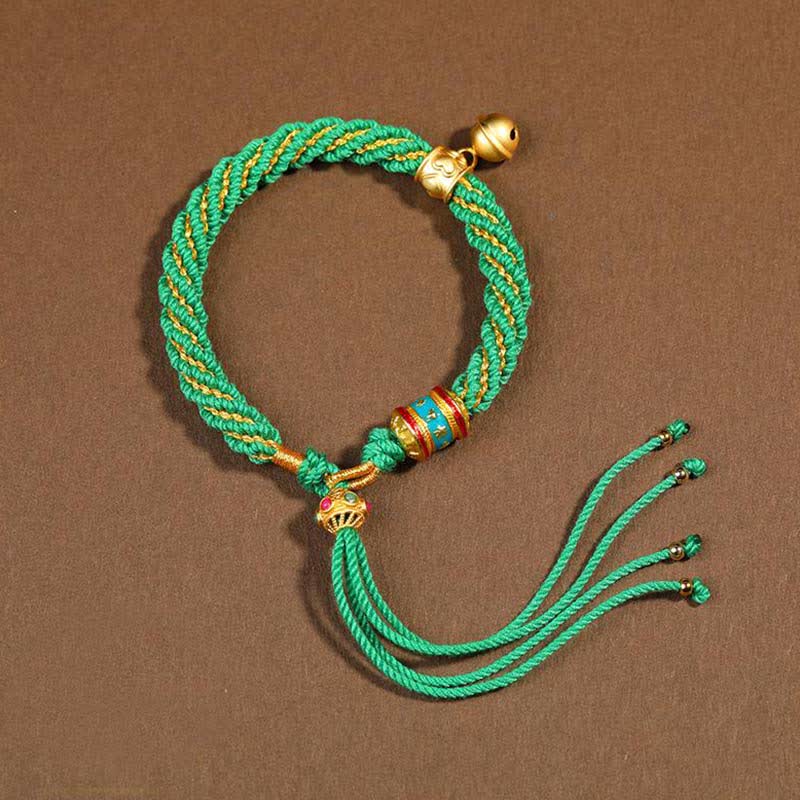 Buddha Stones Tibetan Handmade Luck Protection Thangka Prayer Wheel Bell Charm Braid String Bracelet