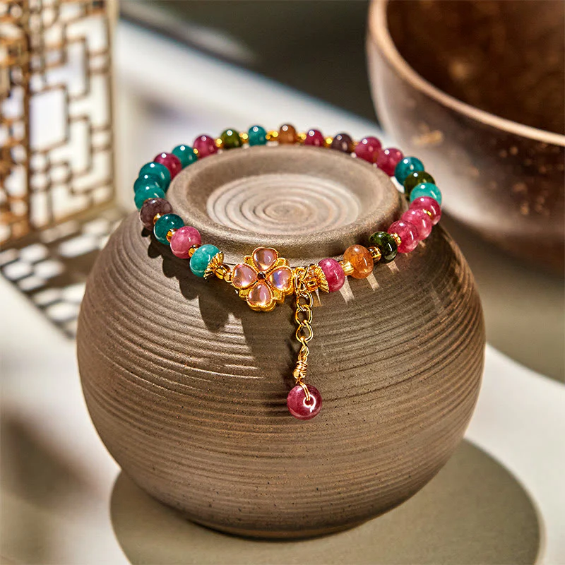 Buddha Stones Tourmaline Four Leaf Clover Flower Love Bracelet