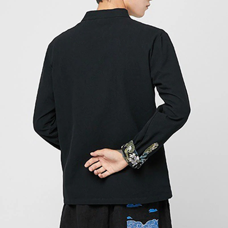 Buddha Stones Men's Frog-Button Dragon Pattern Cuffs Cotton Long Sleeve Shirt