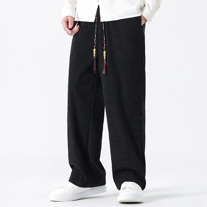 Buddha Stones Plain Chinese Frog-Button Design Drawstring Men's Corduroy Pants With Pockets