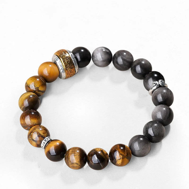 Buddha Stones Natural Silver Sheen Obsidian Tiger's Eye Six True Words 'Om Mani Padme Hum' Strength Bracelet