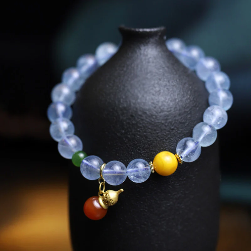 Buddha Stones Aquamarine Red Agate Peace Gourd Charm Bracelet