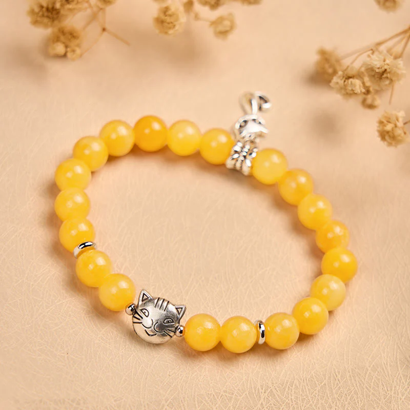 Buddha Stones Orange Tabby Cat Yellow Chalcedony Positivity Bracelet