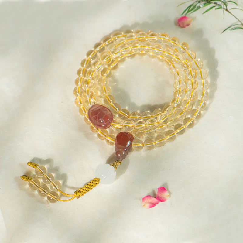 Buddha Stones 108 Mala Beads 925 Sterling Silver Natural Citrine Red Agate White Jade Prosperity Charm Bracelet