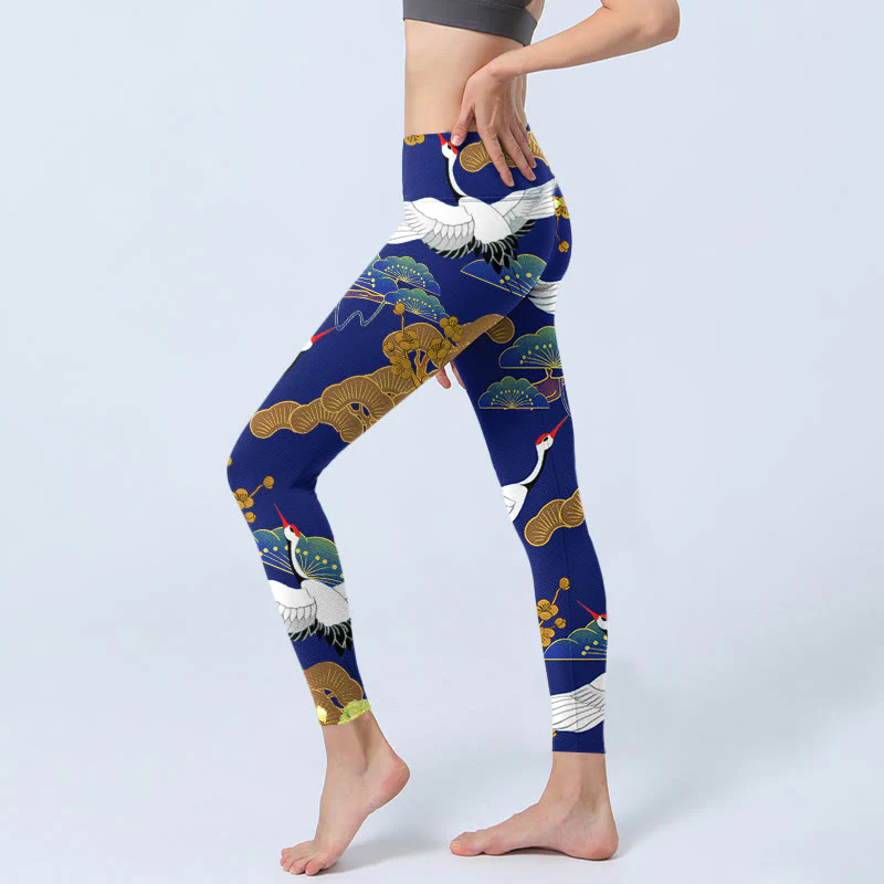 Buddha Stones Flying Red-Crowned Crane Pine Tree Flower Pattern Print Gym Leggings Women's Yoga Pants
