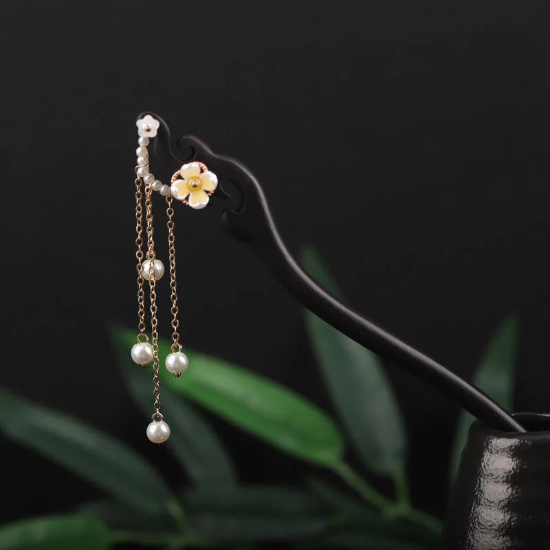 Buddha Stones Ebony Shell Flower Pearl Tassel Blessing Hairpin