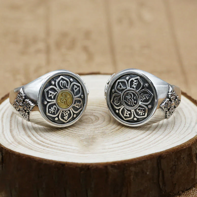 Buddha Stones Tibetan Om Mani Padme Hum Vajra Pattern Copper Focus Rotatable Ring