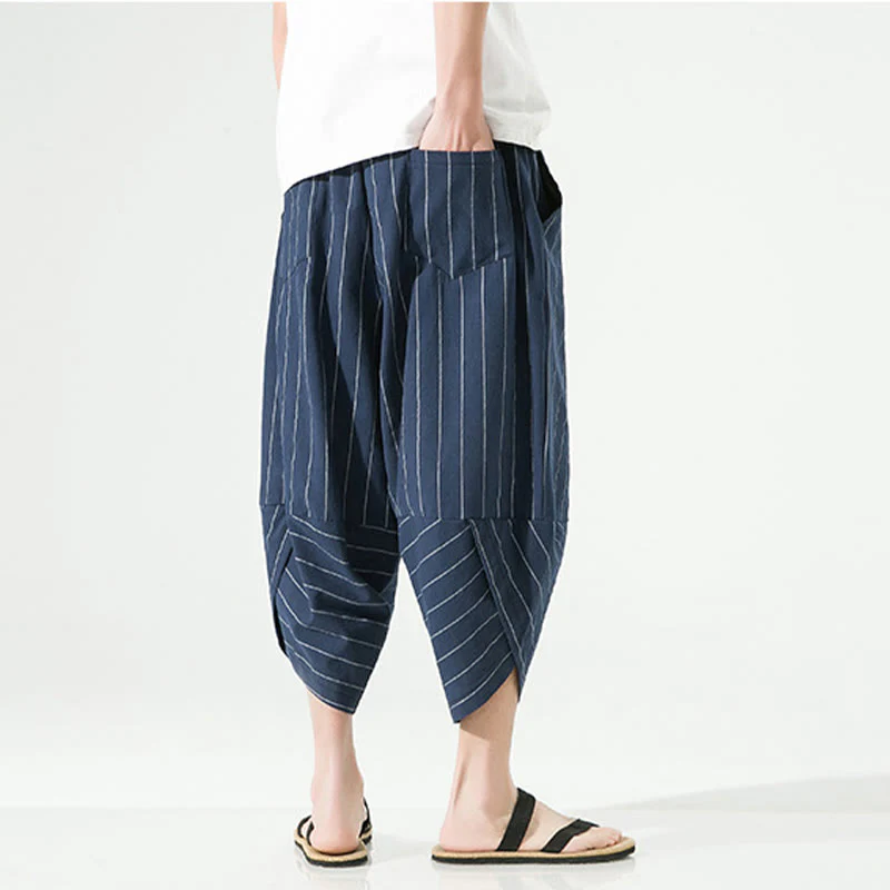 Buddha Stones Casual Plain Stripes Pattern Drawstring Men's 7-8 Length Cotton Linen Harem Pants With Pockets