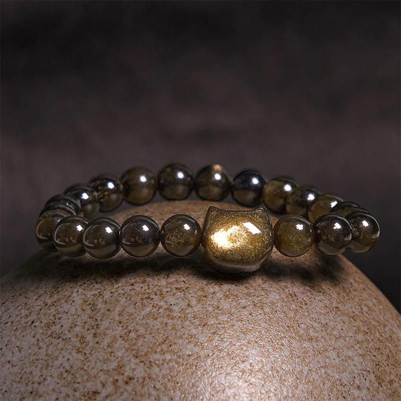 Buddha Stones Gold Sheen Obsidian Silver Sheen Obsidian Lovely Paw Lucky Cat Protection Bracelet