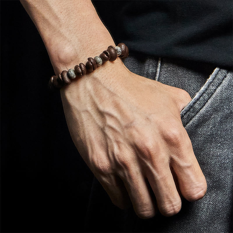 Buddha Stones Natural Coffee Beans Tiger Eye Grey Jasper Lava Rock Beads Bracelet