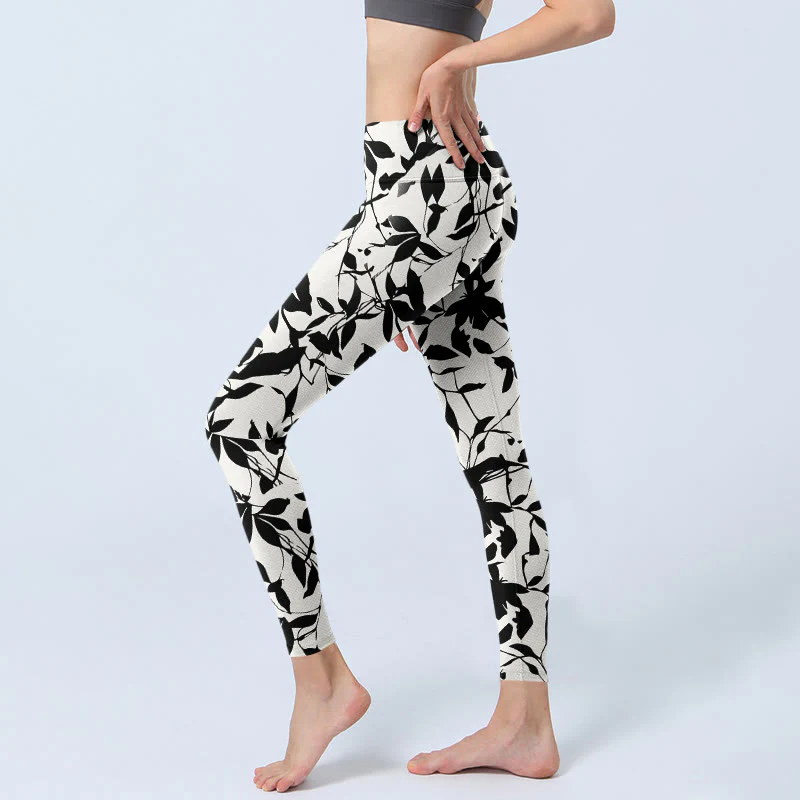 Buddha Stones Black Leaves Print Gym Leggings Women's Yoga Pants