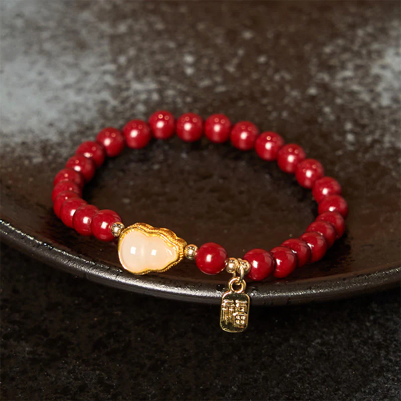 Buddha Stones Cinnabar Gourd Fu Character Charm Blessing Bracelet