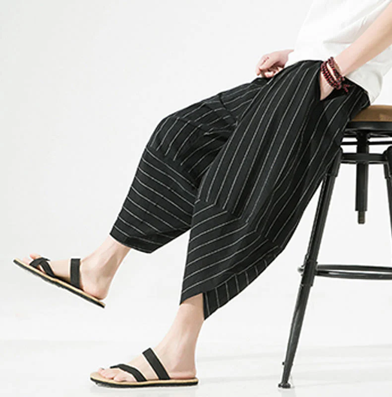 Buddha Stones Casual Plain Stripes Pattern Drawstring Men's 7-8 Length Cotton Linen Harem Pants With Pockets