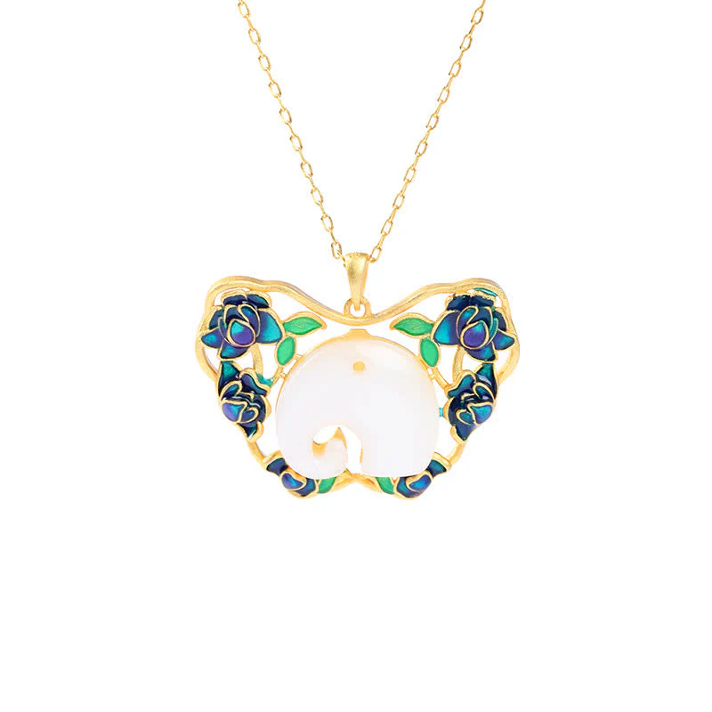 Buddha Stones White Jade Elephant Butterfly Lotus Success Necklace Chain Pendant