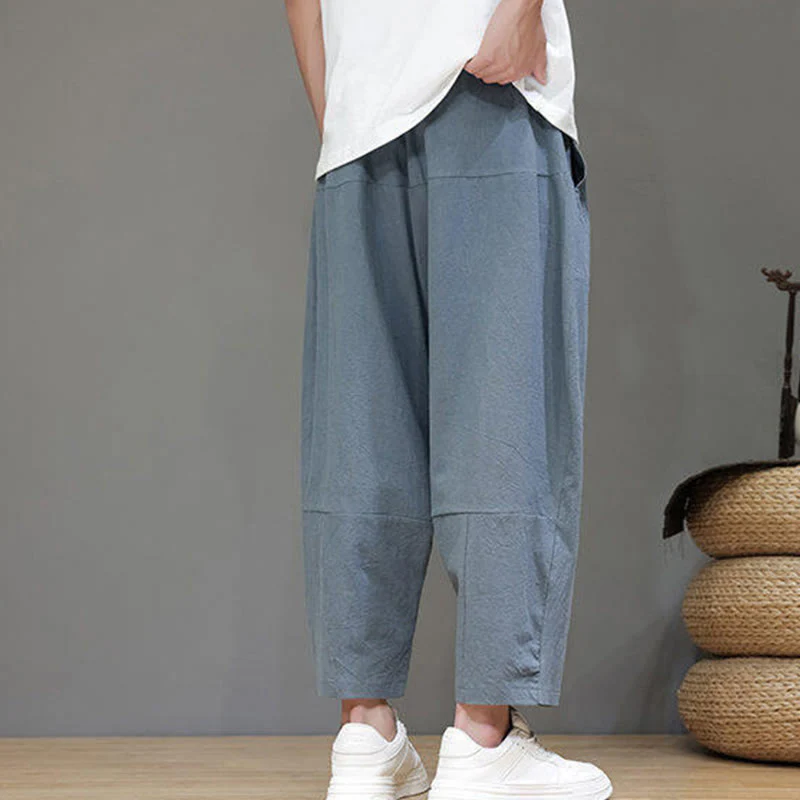 Buddha Stones Casual Plain Low Crotch Design Drawstring Men's Cotton Elastic Waistband Wide Leg Pants With Pockets