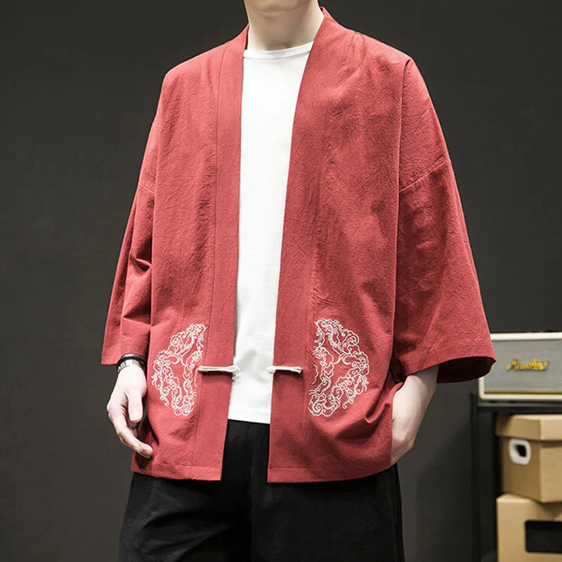 Buddha Stones Chinese Frog-Button Design Open Front Jacket Men's Cotton Linen Kimono