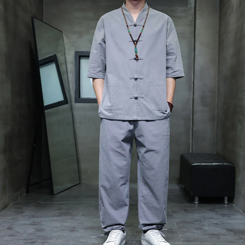 Buddha Stones 2Pcs Tang Suit Frog-Button Design Shirt Pants With Pockets Men's Cotton Linen Meditation Cloth Set