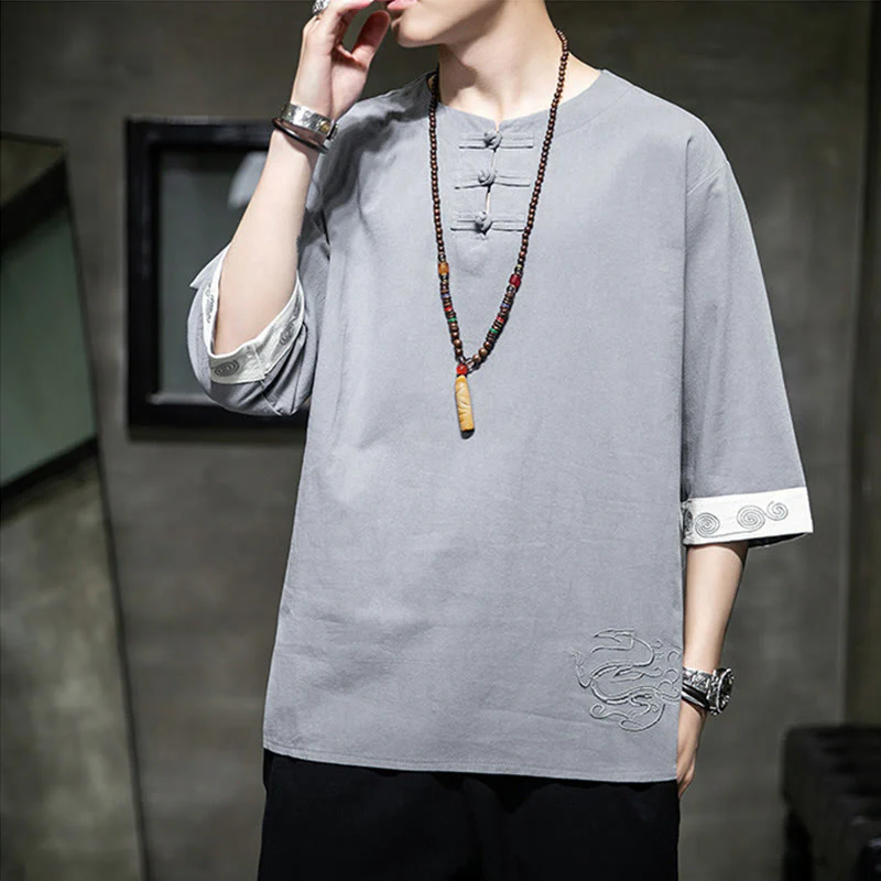 Buddha Stones Summer Embroidery Plain Frog-Button Men's Crew Neck Half Sleeve Cotton Linen Shirt Clothing