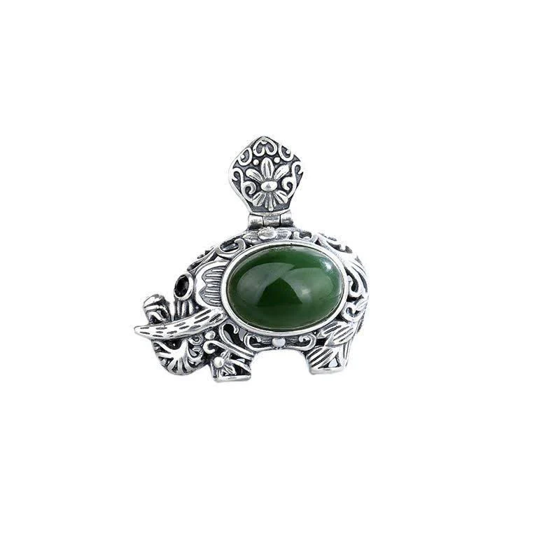 Buddha Stones 925 Sterling Silver Hetian Cyan Jade Elephant Success Necklace Pendant