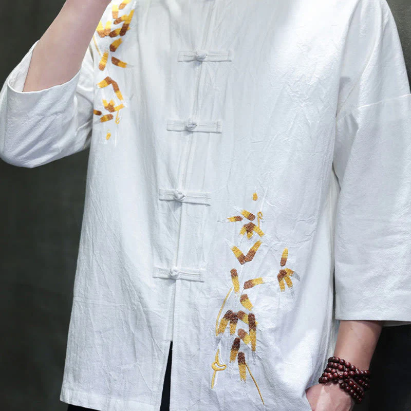 Buddha Stones Embroidery Men's  Chinese Frog-Button Three Quarter Sleeve Shirt Clothing
