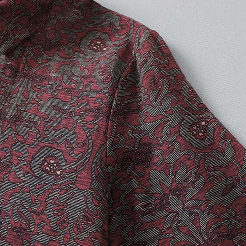 Buddha Stones Brown Retro Printing Floral Pattern Lapel Cotton Linen Midi Dress With Pockets