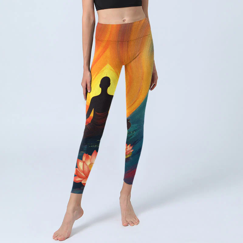 Buddha Stones Meditating Figure Lotus Flower Print Gym Leggings Women's Yoga Pants