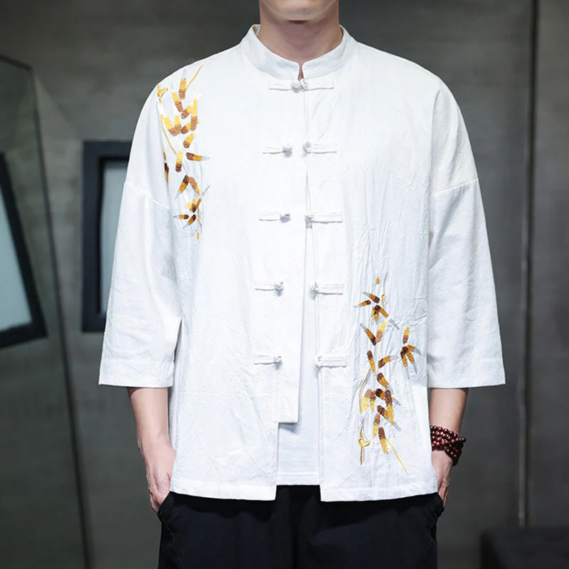 Buddha Stones Embroidery Men's  Chinese Frog-Button Three Quarter Sleeve Shirt Clothing