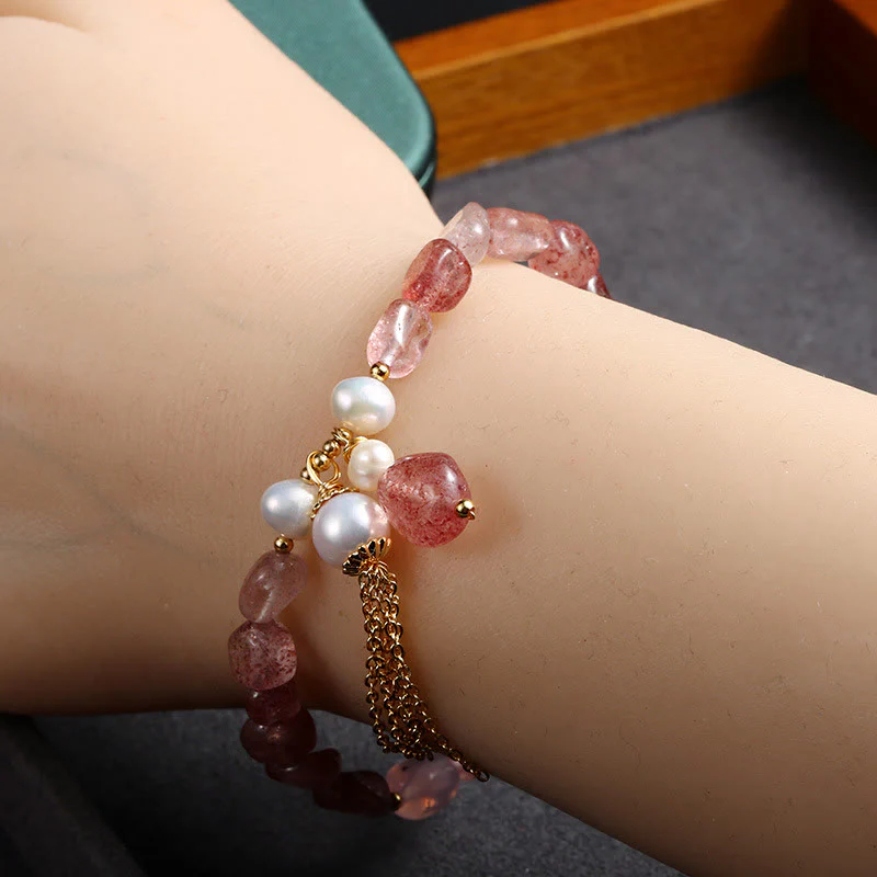 Buddha Stones Natural Strawberry Quartz Pearl 14k Gold Plated Love Healing Bracelet