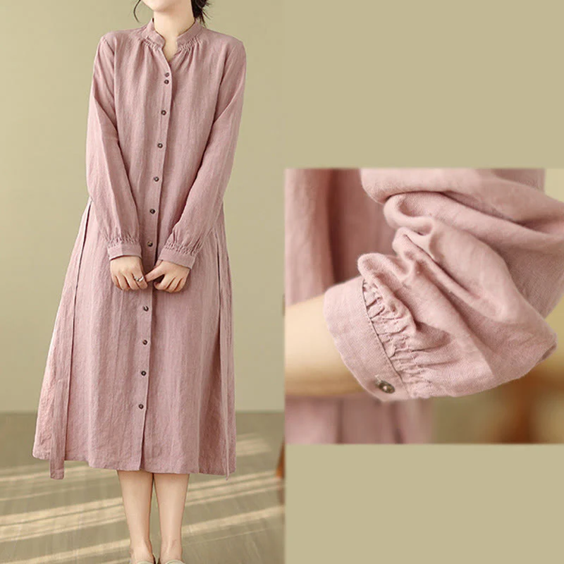 Buddha Stones Casual Plain Drawstring Button Cotton Linen Midi Dress With Pockets