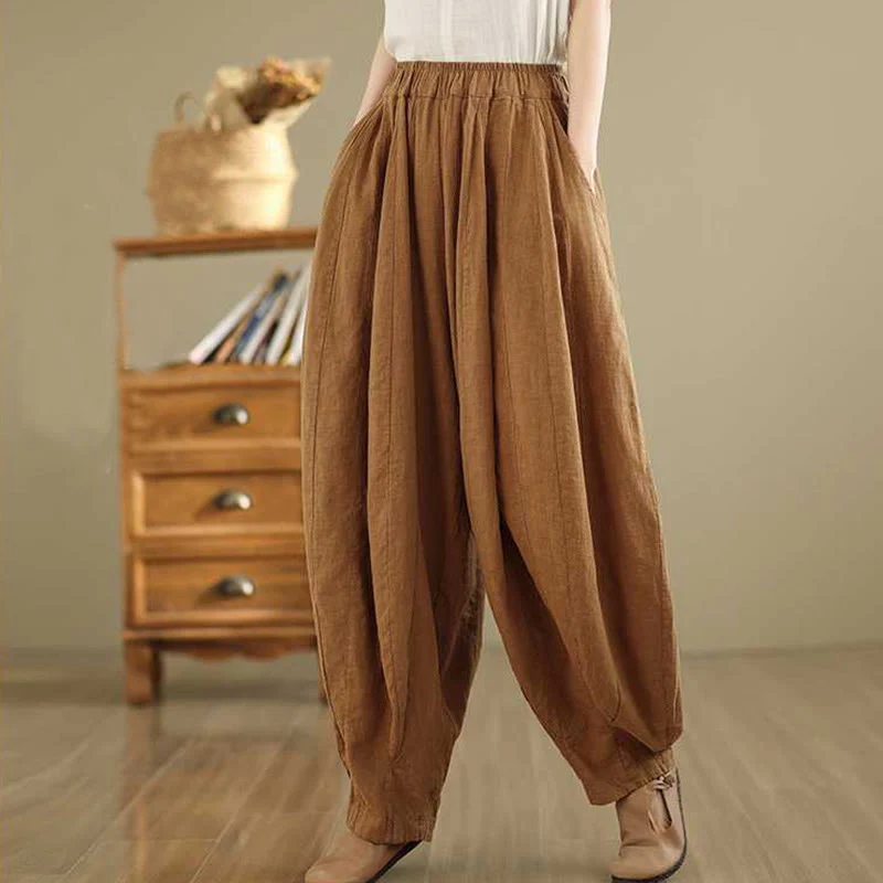 Buddha Stones Spring Casual Simple Design Women's Cotton Linen Harem Pants With Pockets