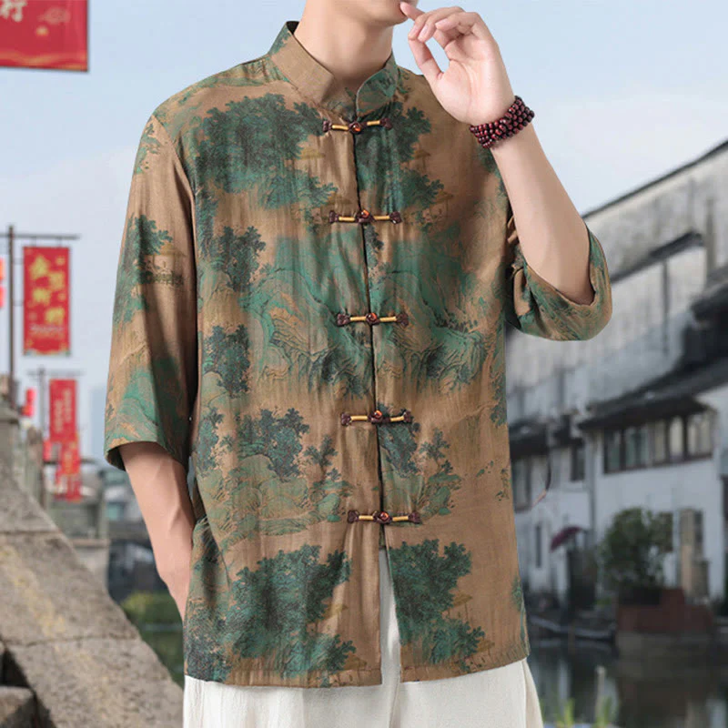 Buddha Stones Dragon Auspicious Clouds Green Mountains Chinese Frog-Button Men's Half Sleeve Cotton Linen Shirt