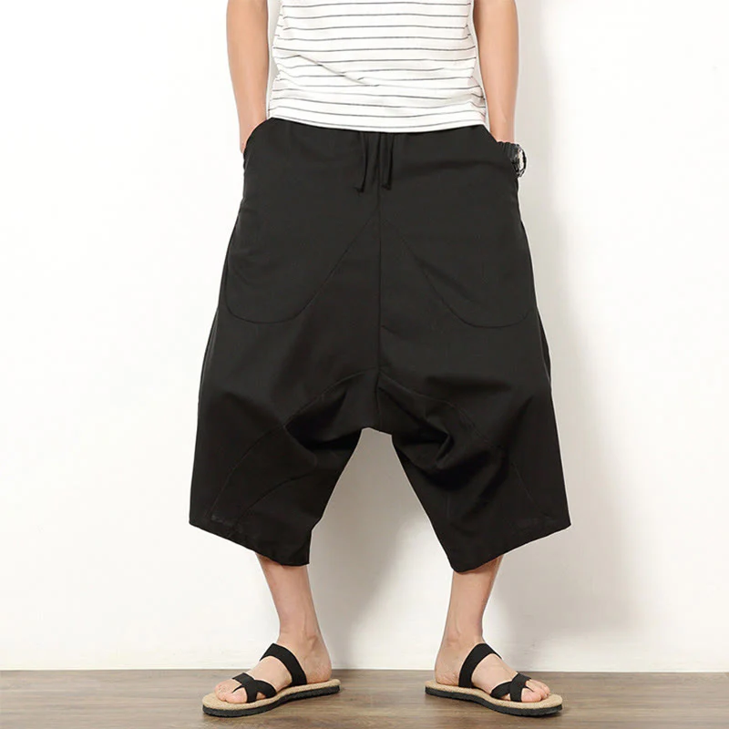 Buddha Stones Spring Plain Simple Patchwork Design Drawstring Cotton Linen Men's 7-8 Length Wide Leg Pants With Pockets