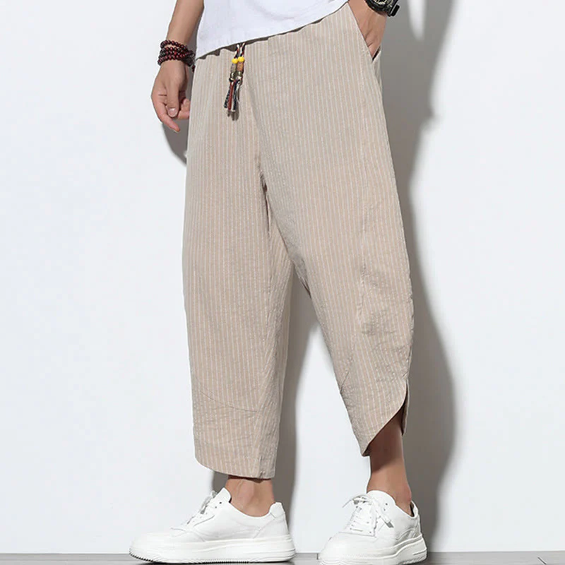 Buddha Stones Summer Stripes Pattern Drawstring Cotton Linen Men's 7-8 Length Harem Pants With Pockets