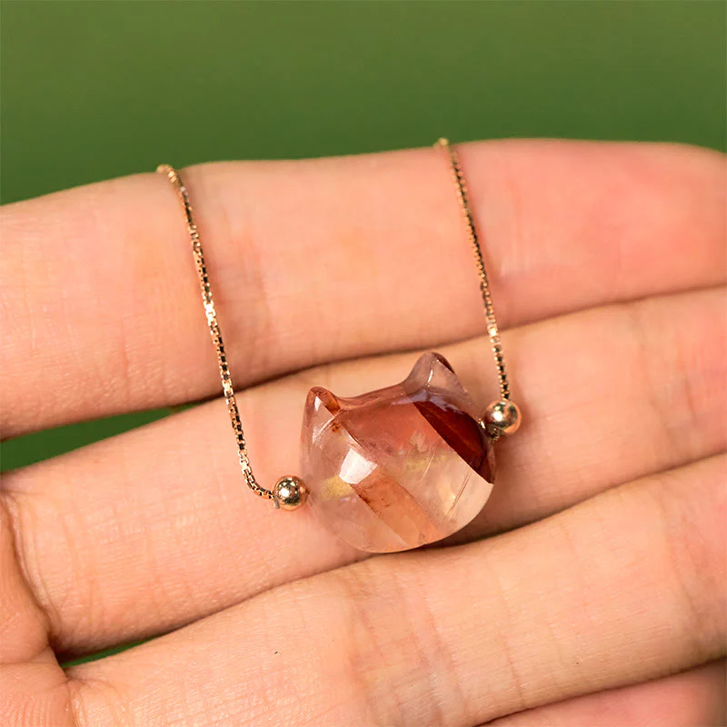 Buddha Stones 925 Sterling Silver Cat Head Natural Red Flower Quartz Protection Necklace Pendant