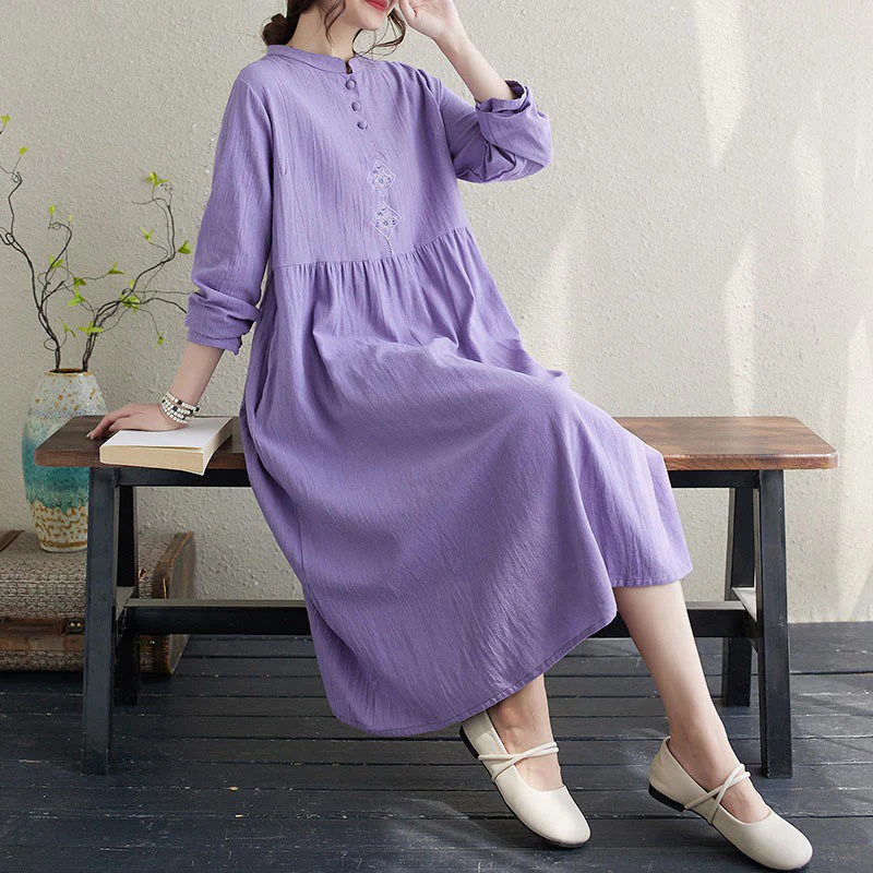 Buddha Stones Fall Ethnic Embroidery Cotton Linen Midi Dress With Pockets